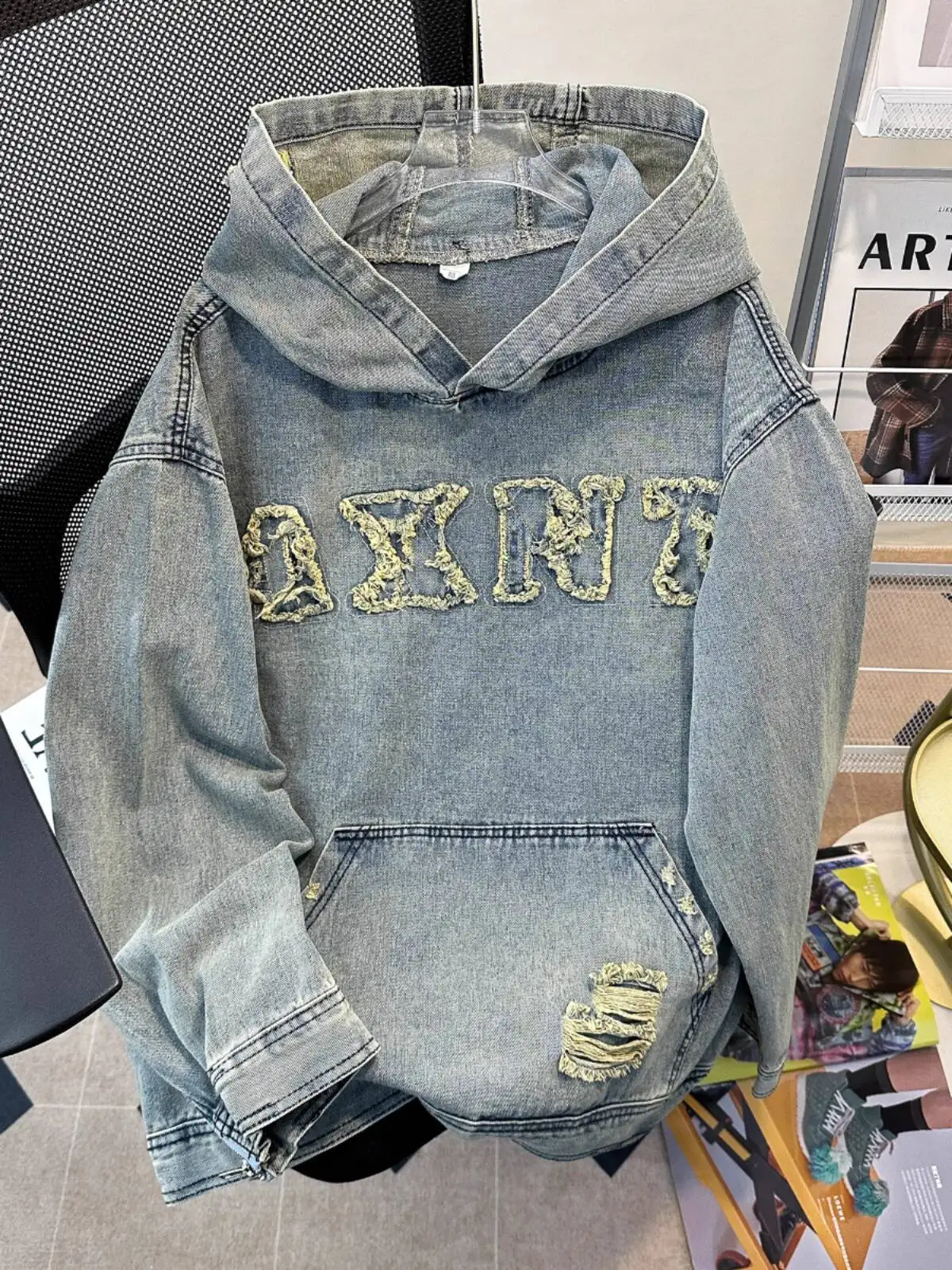 Hip hop Embroidered Denim Jacket for Men Spring Autumn Washed Distressed Loose Hooded Sweatshirt Trendy Coat