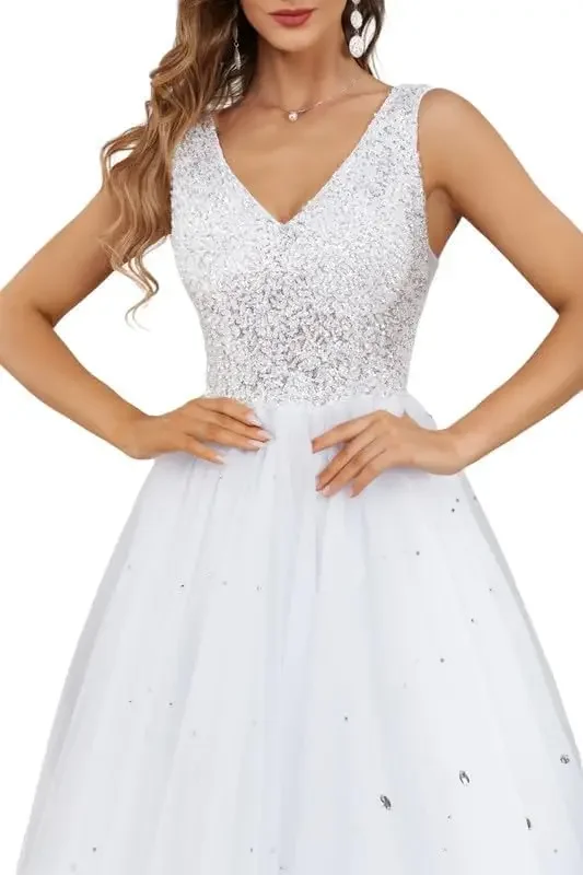 تول الخامس الرقبة الترتر ومطرز فساتين الزفاف فستان زفاف بسيط فستان أبيض المرأة الدانتيل فساتين الزفاف للعروس