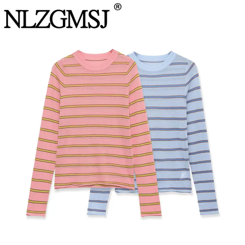 NLZGMSJ Damen Trendy Gestreiftes Strickoberteil Mode Vintage 2026 Frühling Streetwear Pendler Casual Chic Tops