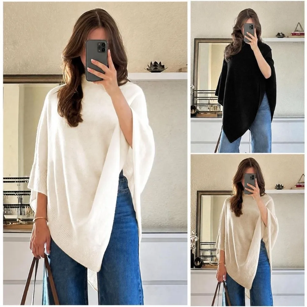 Irregular Hem Knit Poncho Sweater Solid Color Loose Fit Shawl Pullover Top Long Sleeve Soft Casual Knit Tops