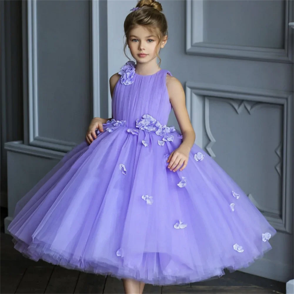 

A+Burgundy Tulle Puffy With Flowers And Petals Flower Girl Dresses Sleeveless For Wedding Birthday Party First Communion Gowns