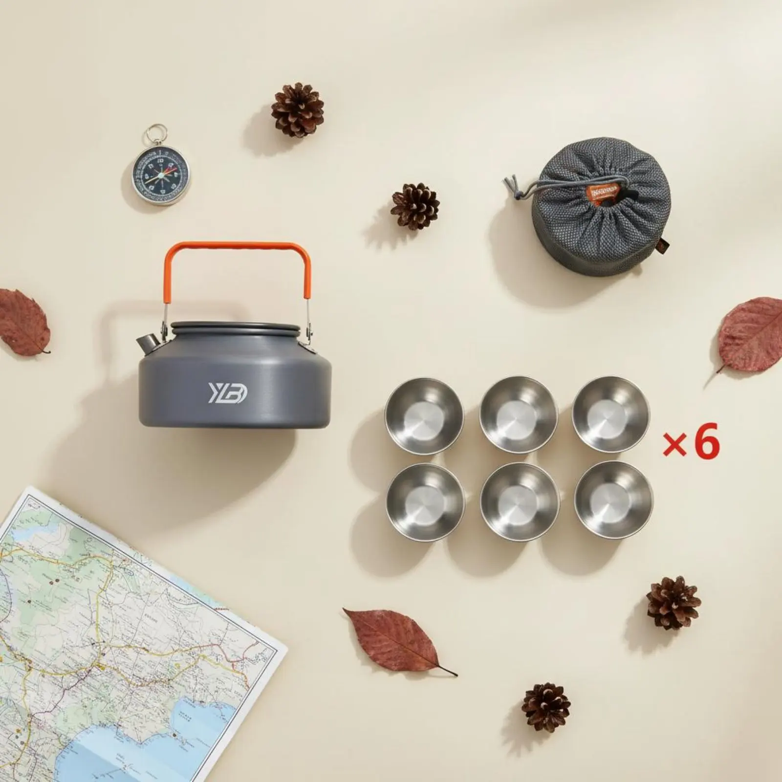 

7 Pieces Portable Tea Set Stackable Design Camping Kettle Set Lightweight Tea Pot with Cups Food Grade Outdoor Water Kettle