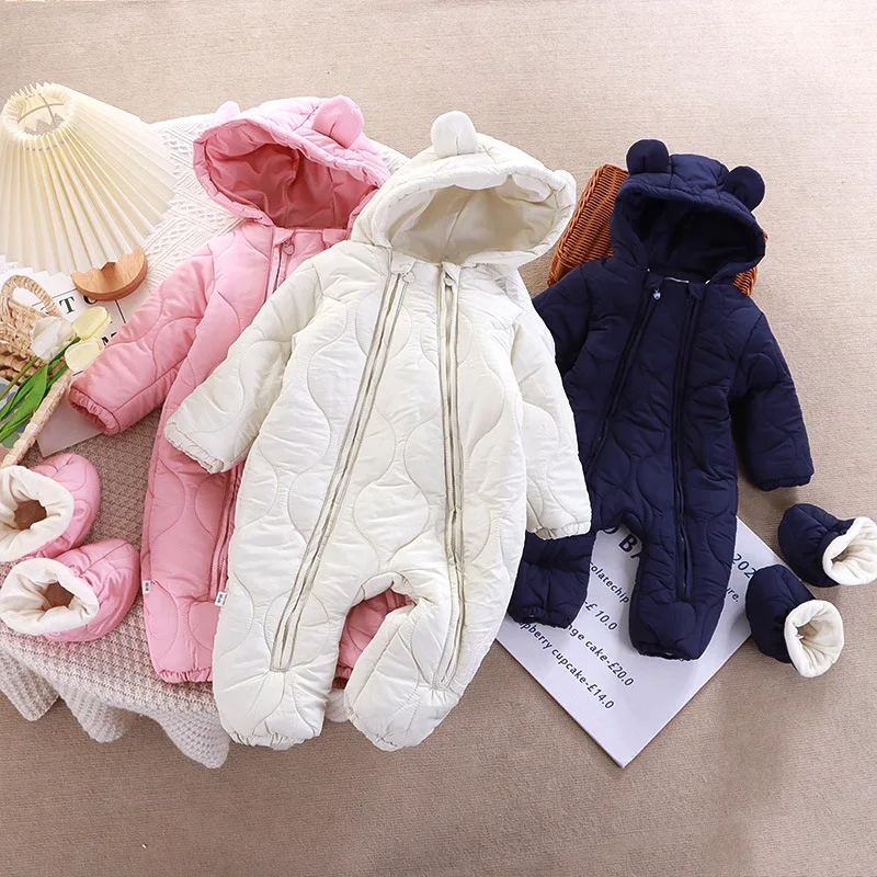 Baby Jumpsuit for Autumn and Winter Boys and Girls Babies Double Zippers and Foot Covers for Outdoor Hooded Rompers
