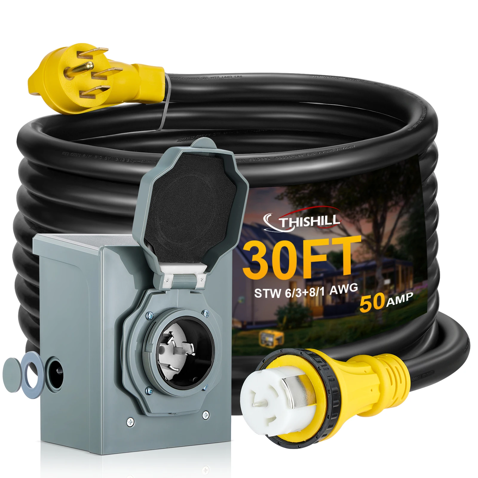 

50 Amp Generator Cord with Inlet Box, 30FT RV Extension Cord Generator Extension Cord for RV Camper/Electricity House Generator