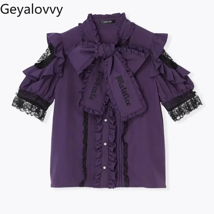 Japanese Lolita Mine Gothic Ruffle Edge Off-shoulder Bow Strap Sweet Short-sleeved Top Versatile Stand-up Neck Embroidered Shirt