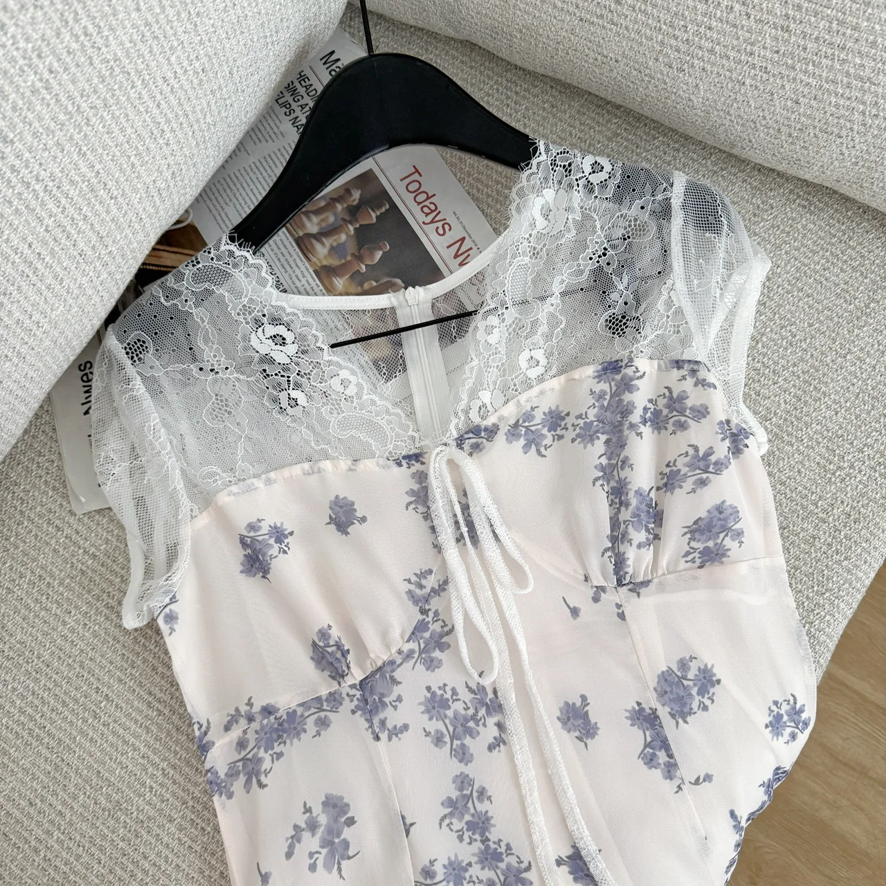 Blumendruck V-Ne Midi Dr Damen Frühling Sommer Saison Hohe Taille Sa Krawatte Gürtel Dr Pendeln Sle Polyesterfaser