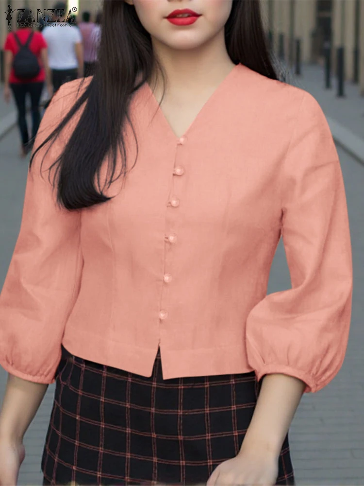 ZANZEA Women Shirts Casual Solid Color Blouse 2025 Female V-Neck 3/4 Lantern Sleeve Tops Vintage Style Buttons Blusas