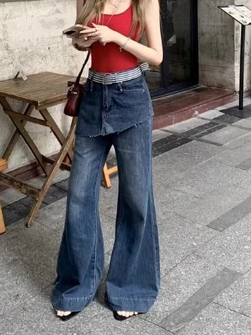 

Женские летние джинсы с высокой талией и широкими штанинами, винтажные, расклешенные, длинные брюки, комбинированные цвета, повседневные, синие, из денима