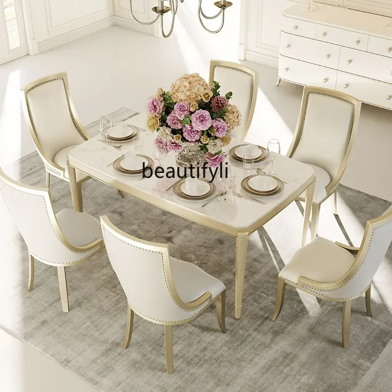 

B03 Light luxury furniture American dining table and chairs, all solid wood dining table modern simple rock slab French style