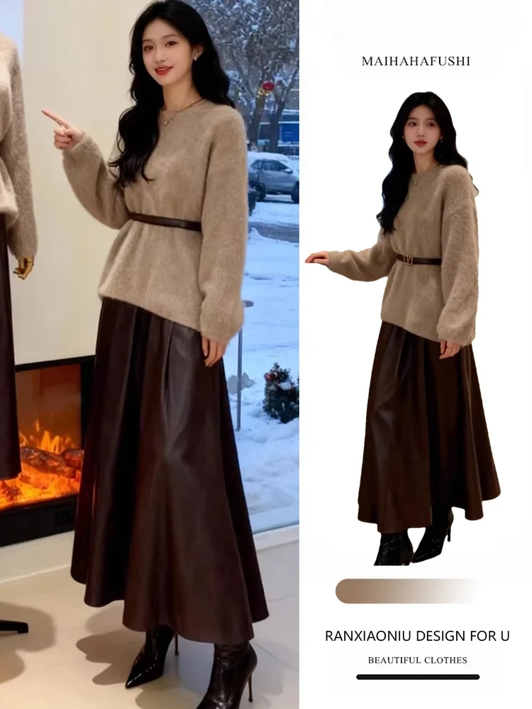 

Retro High Waist Leather Skirt And Oversize Sweater Women's Faion Set Casual Long Sve round Ne Warm Winter Outfit