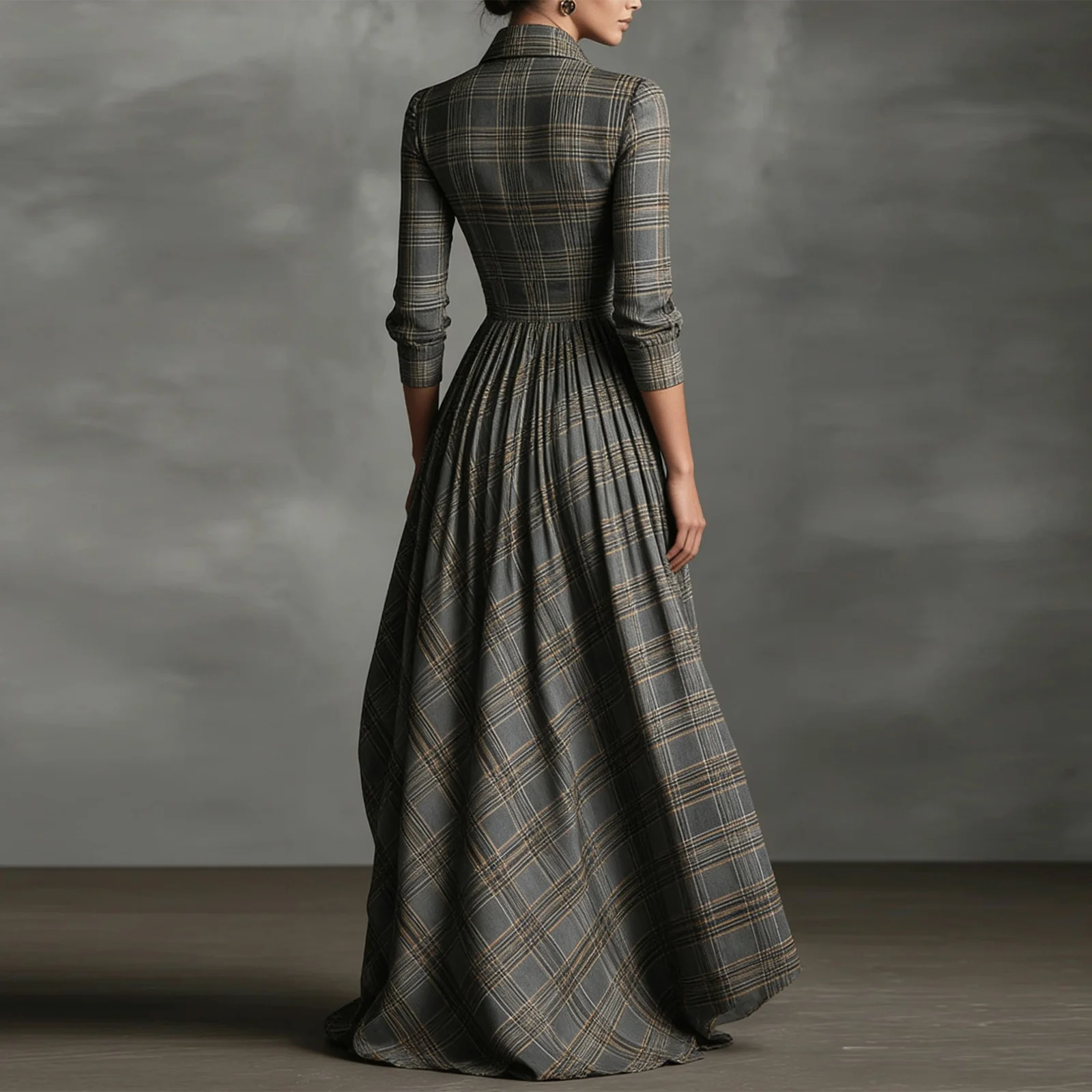 女性ルーズ V ネックドレススタイリッシュなチェック柄長袖ポケット付き居心地の良いドレス女性屋外旅行美しいドレス