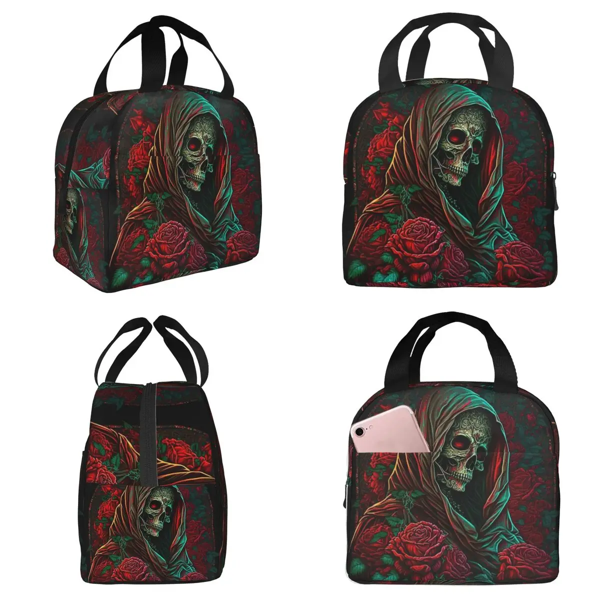 

Термосумка для обедов Forest Roses Santa Muerte для детей, школьная термосумка-холодильник, портативный контейнер для еды