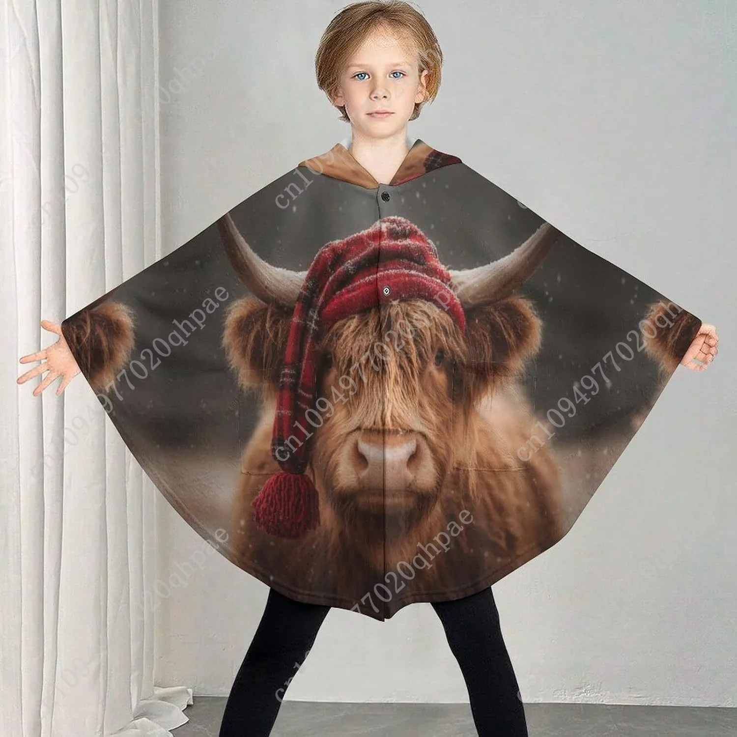 سترة بطانية مريحة من الفلانيل، قبعة حمراء منقوشة بقرة كبيرة الحجم مع جيوب للأطفال والمراهقين #2