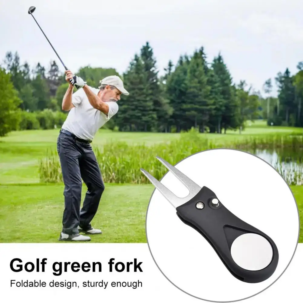 Golf Green Fork Foldable Golf Pitchfork Sturdy Stainless Steel Golf Divot Tool with Magnetic Ball Marker Foldable for Golfers