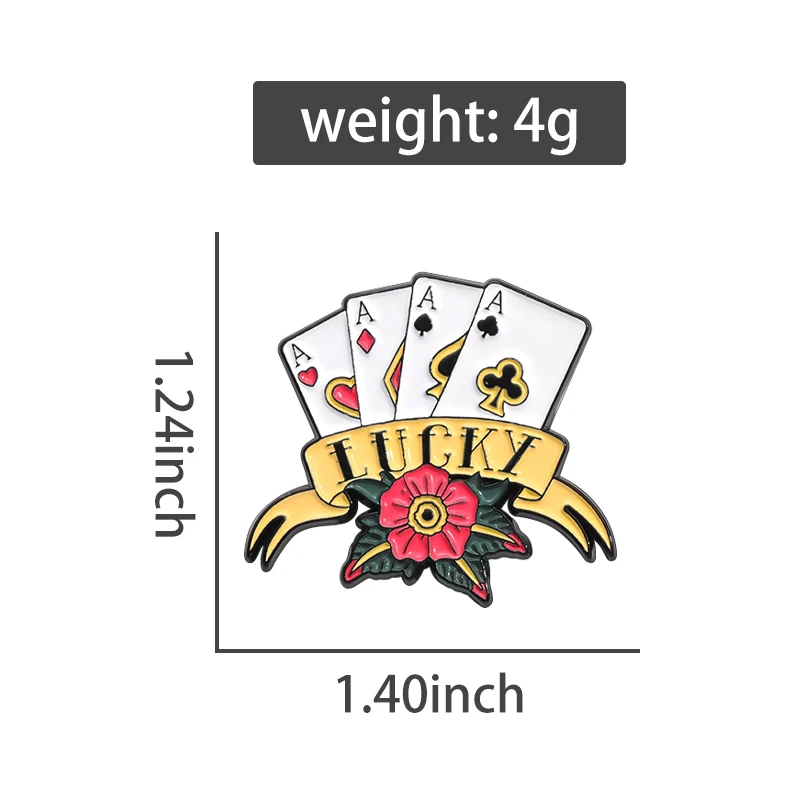 Lucky Poker 4 Ass Cards Flowers Enamel Pins Funny Playing Cards Brooches Clothes Lapel Backpack Badge Jewelry Gift For Friends