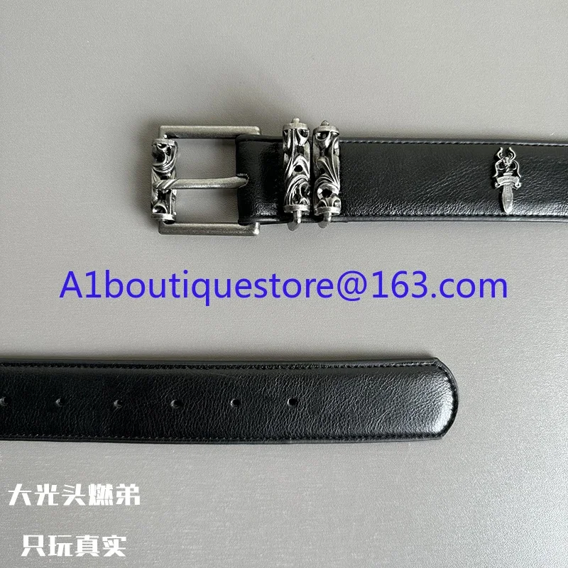 925 Silver Classic Leather Totem Belt Pin Buckle Engraved Roller Hollow Light Luxury Belt