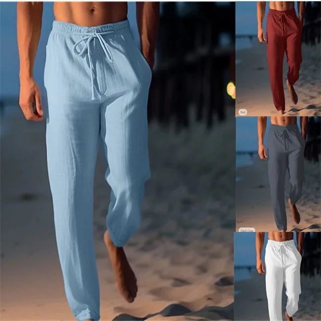 

Men's Drawstring Elastic Waist Straight Leg Beach Pants Breathable Comfortable Cotton Linen Blend Summer Long Sleeve Shirt