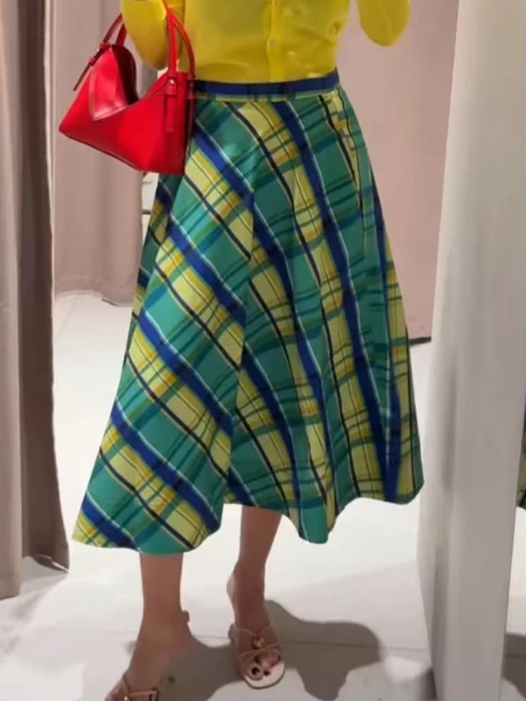 Summer New Plaid Skirt For Women Casual Long A- line Big Hem Dress High Waist Elegant Fashion Ladies Office Midi Skirt 2026
