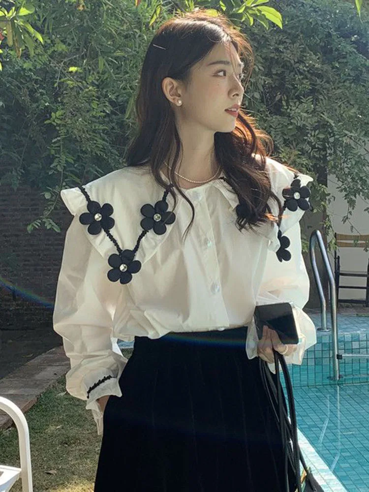 Zoki 3D Floral Elegant White Shirt Women Korean Fashion Loose Long Sleeve Cute Blouse Female Fall Casual Peter Pan Collar Tops