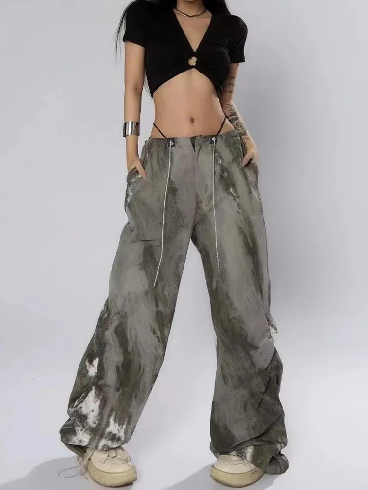 Vintage Tie Dye Cargo Pants Women Spring Summer Loose Casual Lace Up Trouser High Waist Baggy Streetwear Harajuku Wide Leg Pants