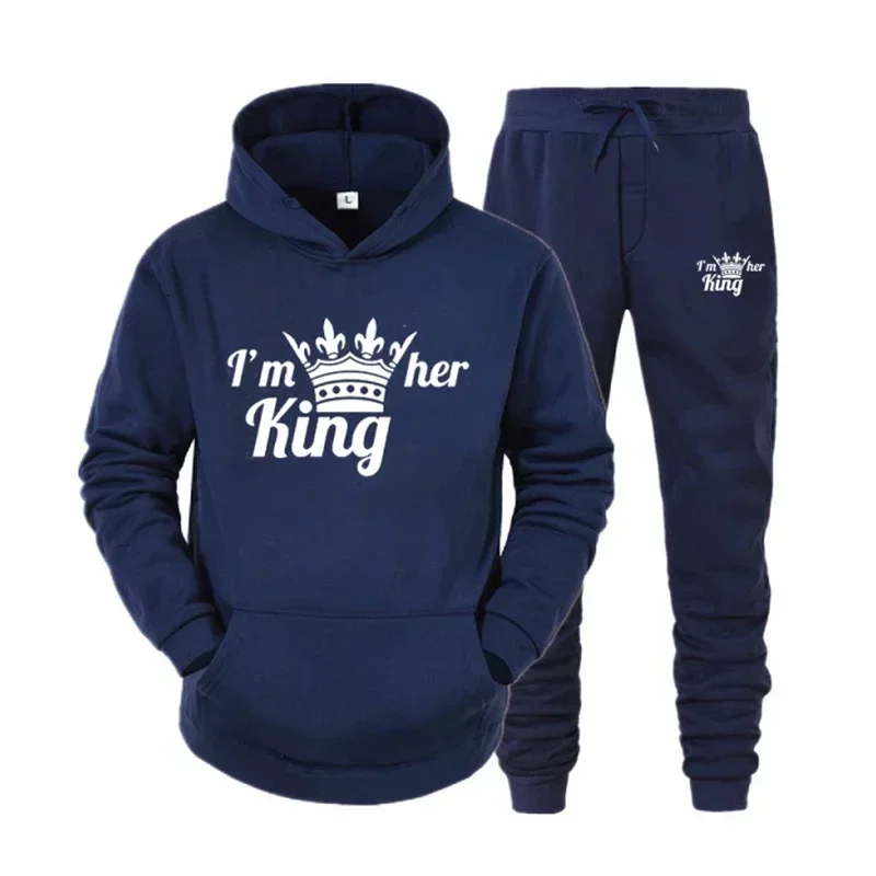 Couple Tracksuit King Queen Print Casual Hoodie Set Sweatshirt Sportswear Hooded Pullover Suits Lover Hoodie and Pants 2 Pieces