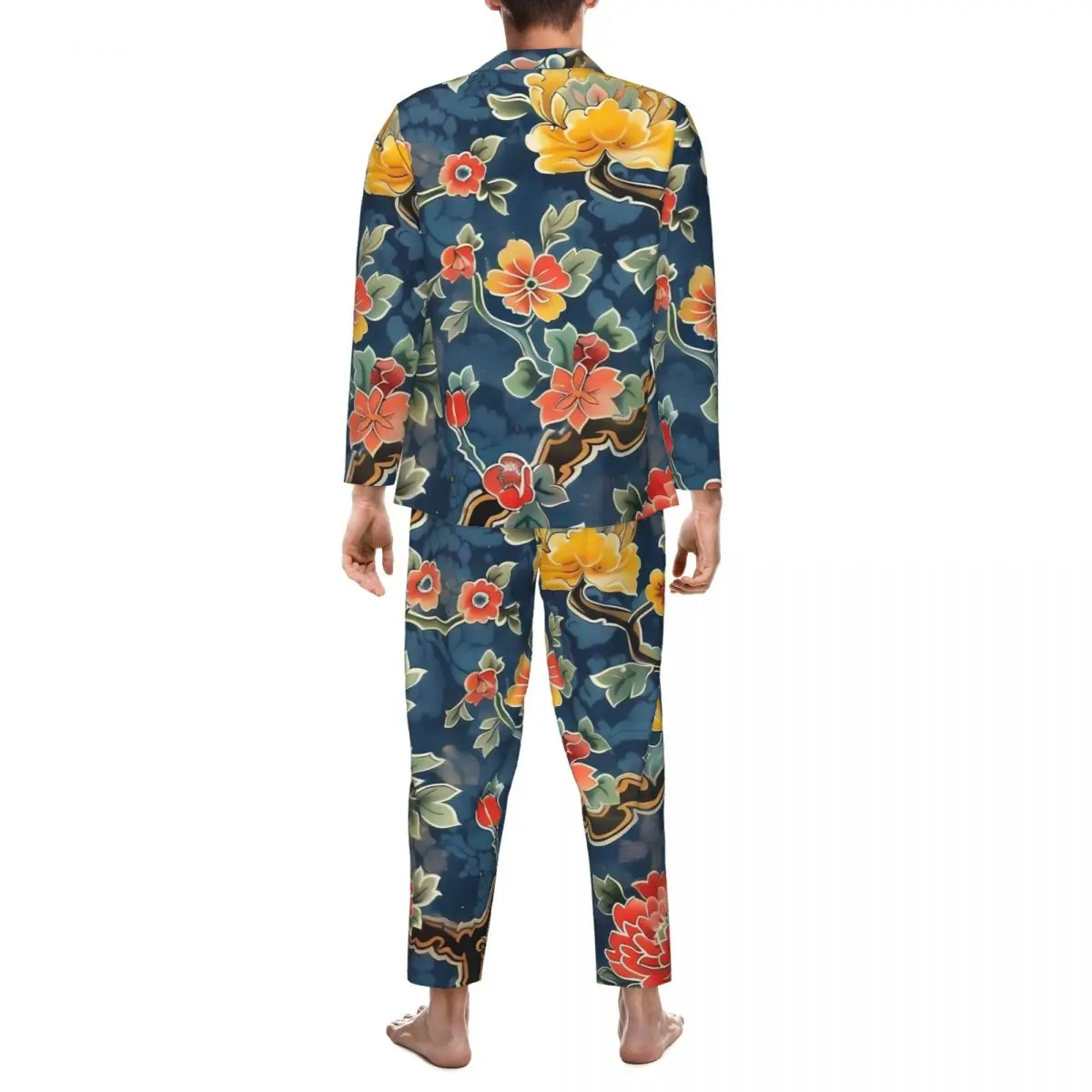 Retro Japanese Art Pajamas Set Flowers Print Cute Sleepwear Man Long Sleeve Loose Room 2 Pieces Nightwear Large Size 2XL