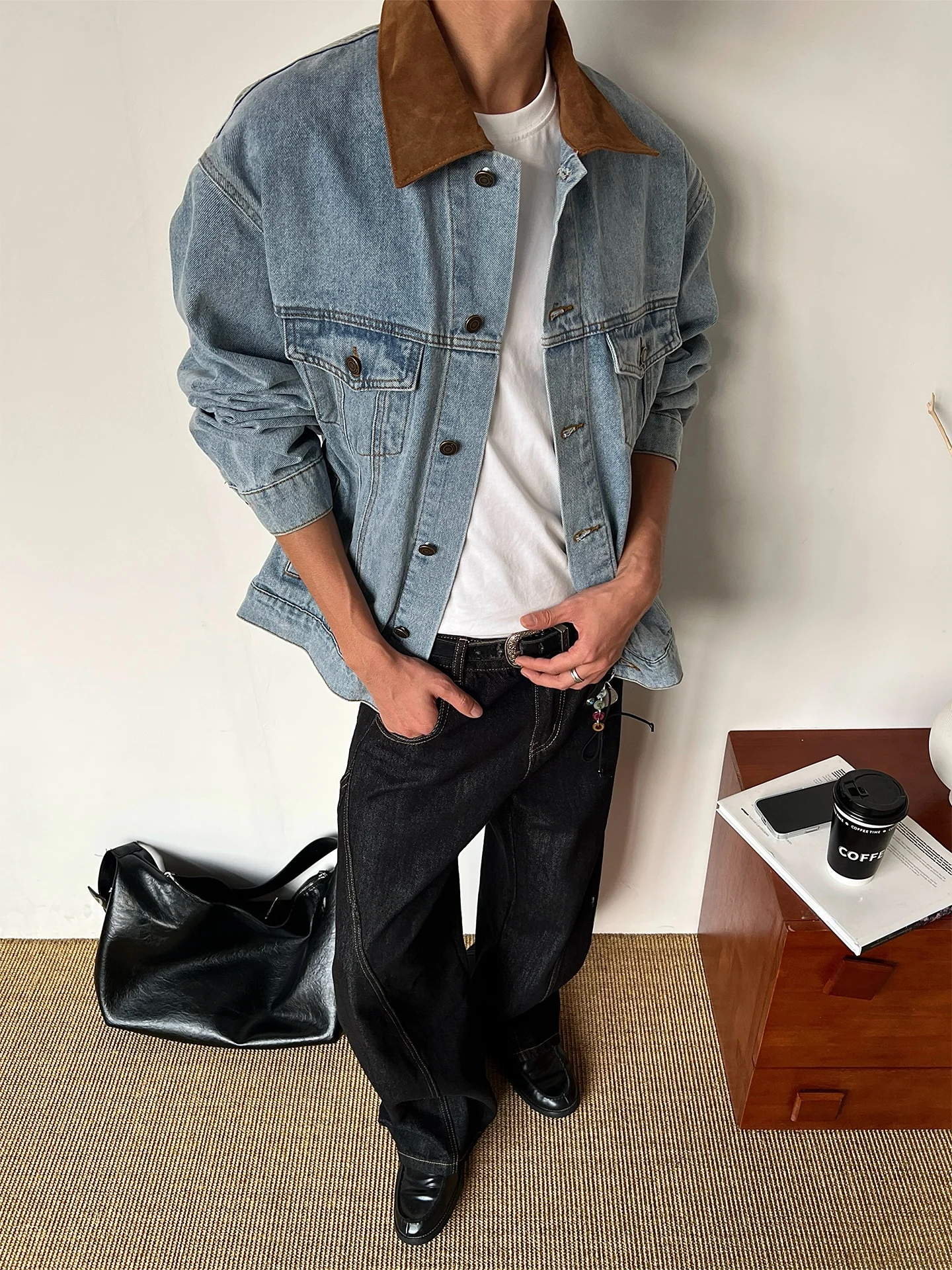 

RIMO Suede Barn Sle Ice Blue Waed Canvas Denim Jaet Men's Collared Workwear Coat Youthful Casual Wear Resistant