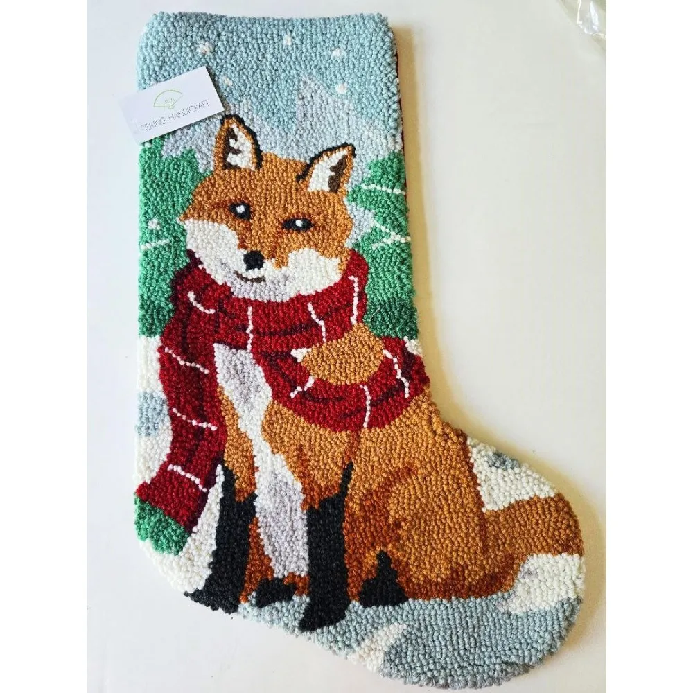 Handicraft Woodsy Winter Forest Fox Hooked Christmas Stocking- Wool 21