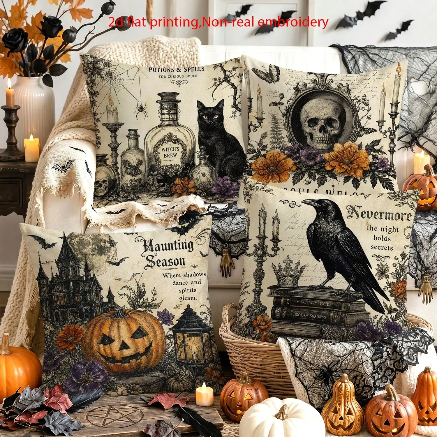 4pcs Halloween Decorative Pillowcases, Black Cat Crow Skull Pumpkin Haunted Castle Pattern Printed Pillow Covers, Vintage Dark