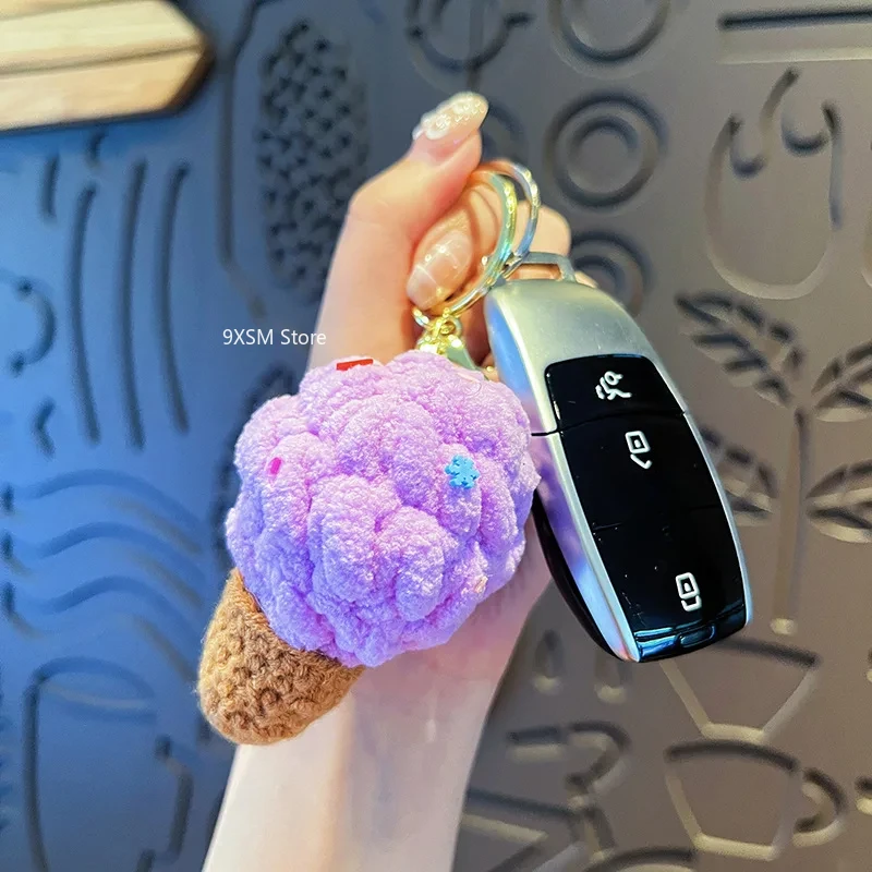 Knitted Ice Cream Colored Key Chain Handmade Cute Hand Woven Charm Ice Cream Keychain Backpack Pendant Key Ring Jewelry Gift