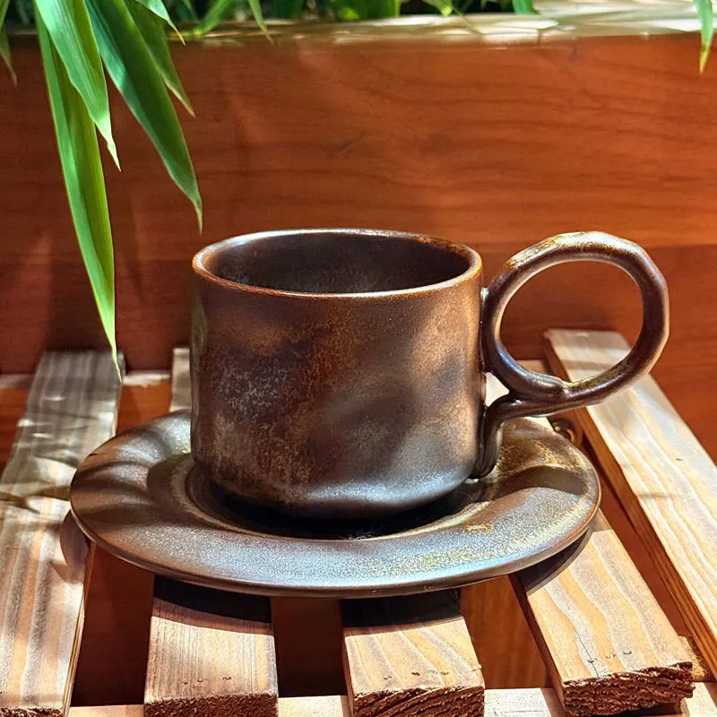 Vintage Kiln Glaze Ceramic Coffee Cup And Saucer Set Handmade Japanese Style Latte Mug 300ml