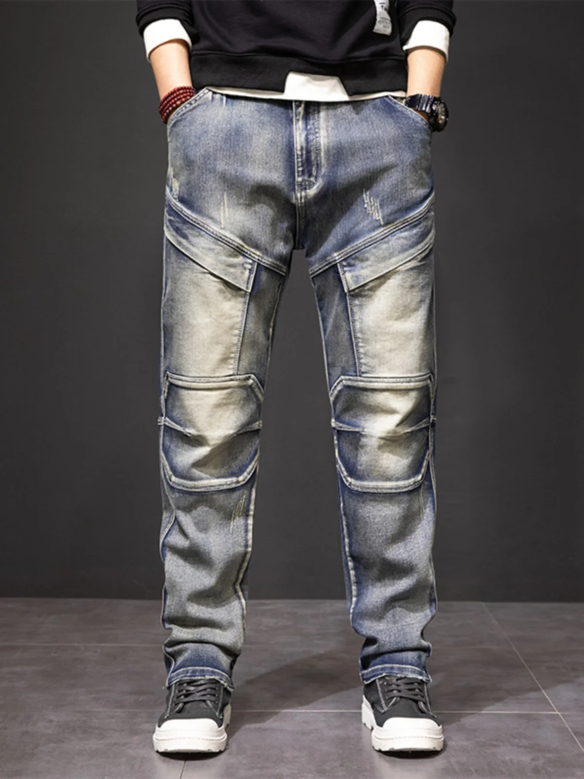 

Men's Slim Fit Straight Leg Workwear Jeans Multiple kets Yellow Mud Color Simple Design Autumn Winter Sle Faion Ci