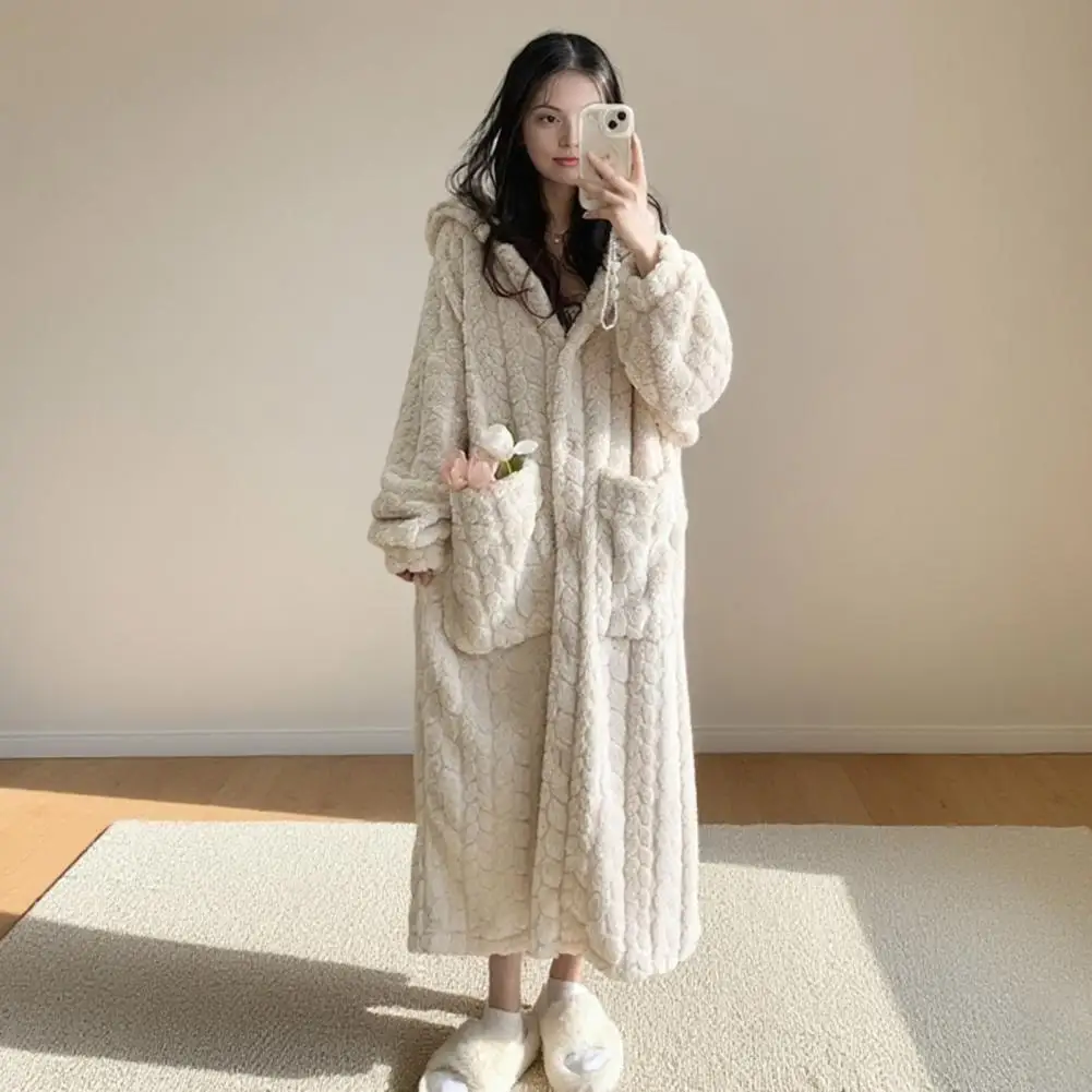 Camicia da notte da donna Pigiama in pile corallo Camicie da notte in pile di flanella da donna accoglienti Manica lunga Abito abbottonato con cappuccio per il calore