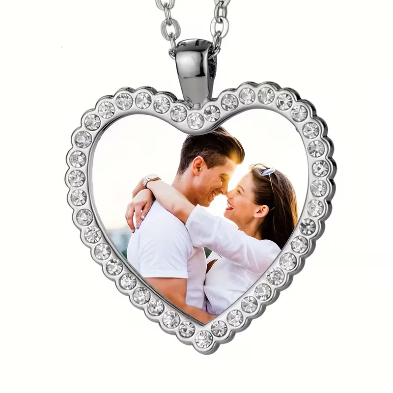 Customisable Heart-Shaped Inlaid Necklace, Personalised Photo Necklace for Women, Silver Necklace Can Be Customised
