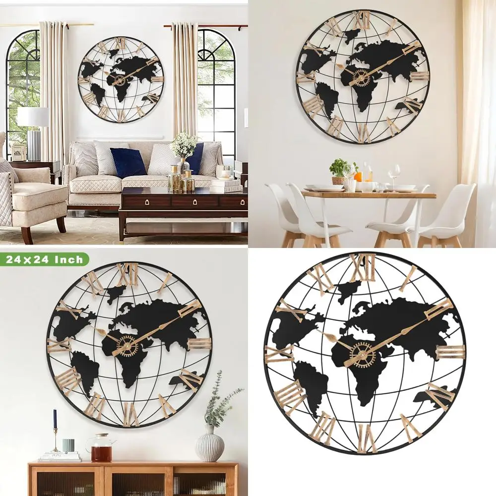 

24 Inch Large Wall Clock for Living Room Decor,Big Modern Decorative Silent World Map Metal Wall Clock with Vintage Gold Roman N