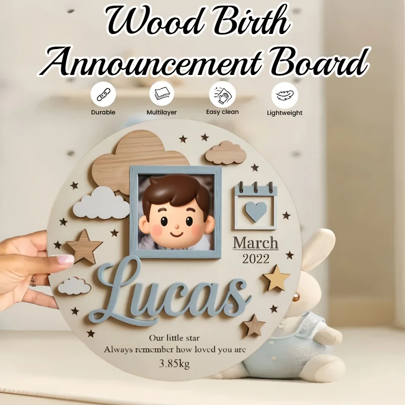 Personalized Baby Photo Frame, Custom Wooden Birth Plaque with Name & Date, Nursery Decor, Newborn Keepsake Gift - view 3