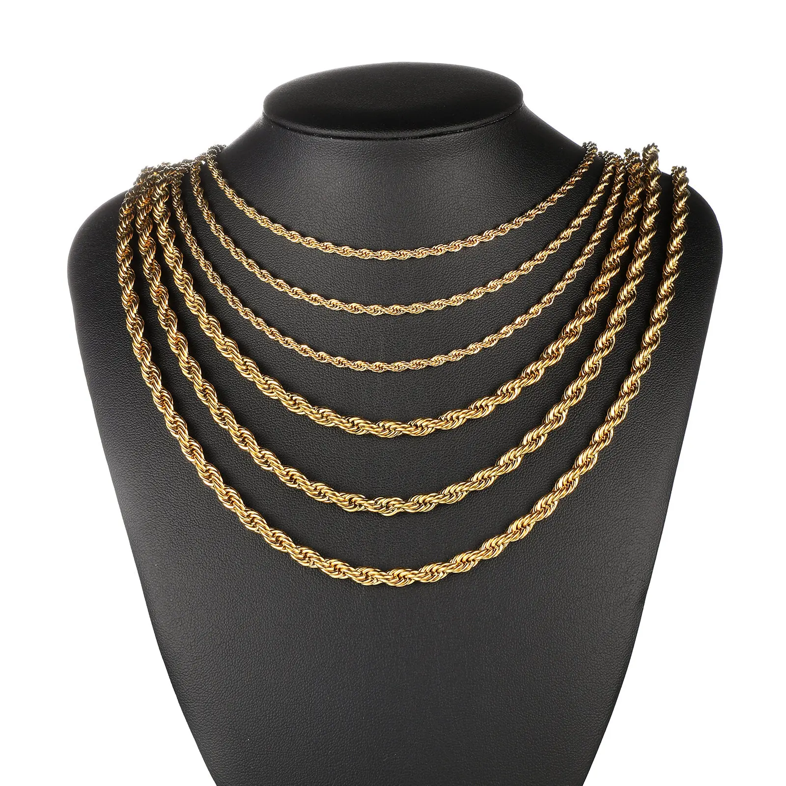 2-6MM Goldfarbene gedrehte Seilkette Halskette aus Edelstahl, verblasst nie, wasserdicht, Choker für Herren und Damen, Modeschmuck – Detail 4