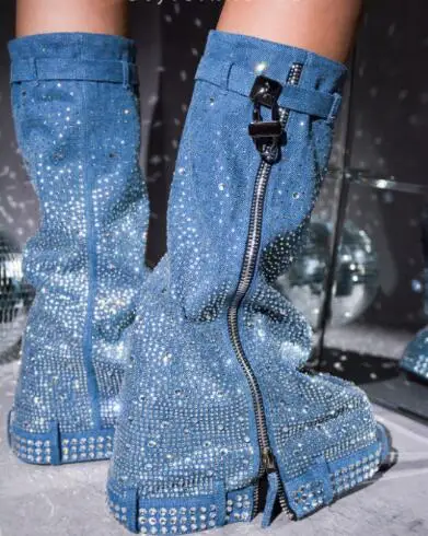 Women Light Blue Denim Full Crystal Rhinestone Round Toe Thick Sole Platform Wedges Shark Lock Zipper Belt Buckle Long Boots