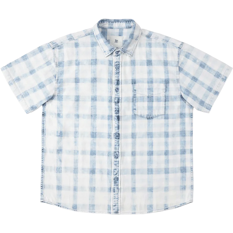 SIMWOOD 2024 Summer New Oversize Short Sleeve Checked Shirts Men 5.7oz Plaid Washed Bleach Vintage Denim Shirts