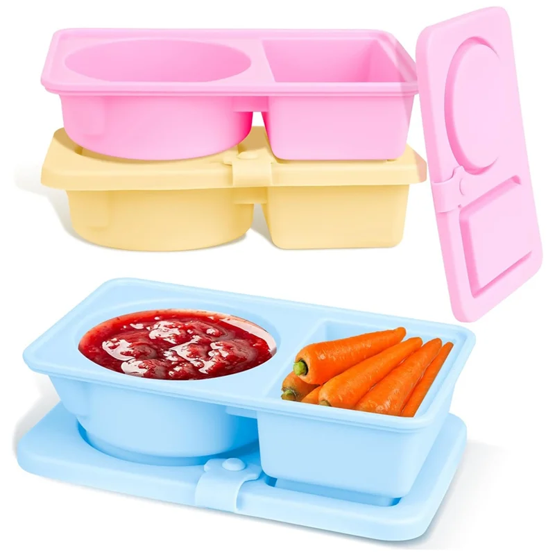 Reusable Silicone Snack Containers(3 Pack), Double-Lid Compartments, Snackle Boxes With Salad Dressing