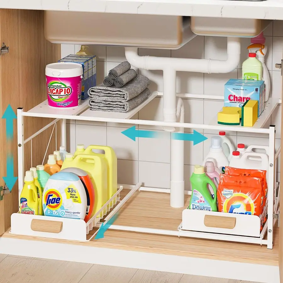 

Extendable Under Sink Organizer, 2 Tier Expandable Under Cabinet Organizer Shelf with Height Adjustable, Retractable Cabinet Sto