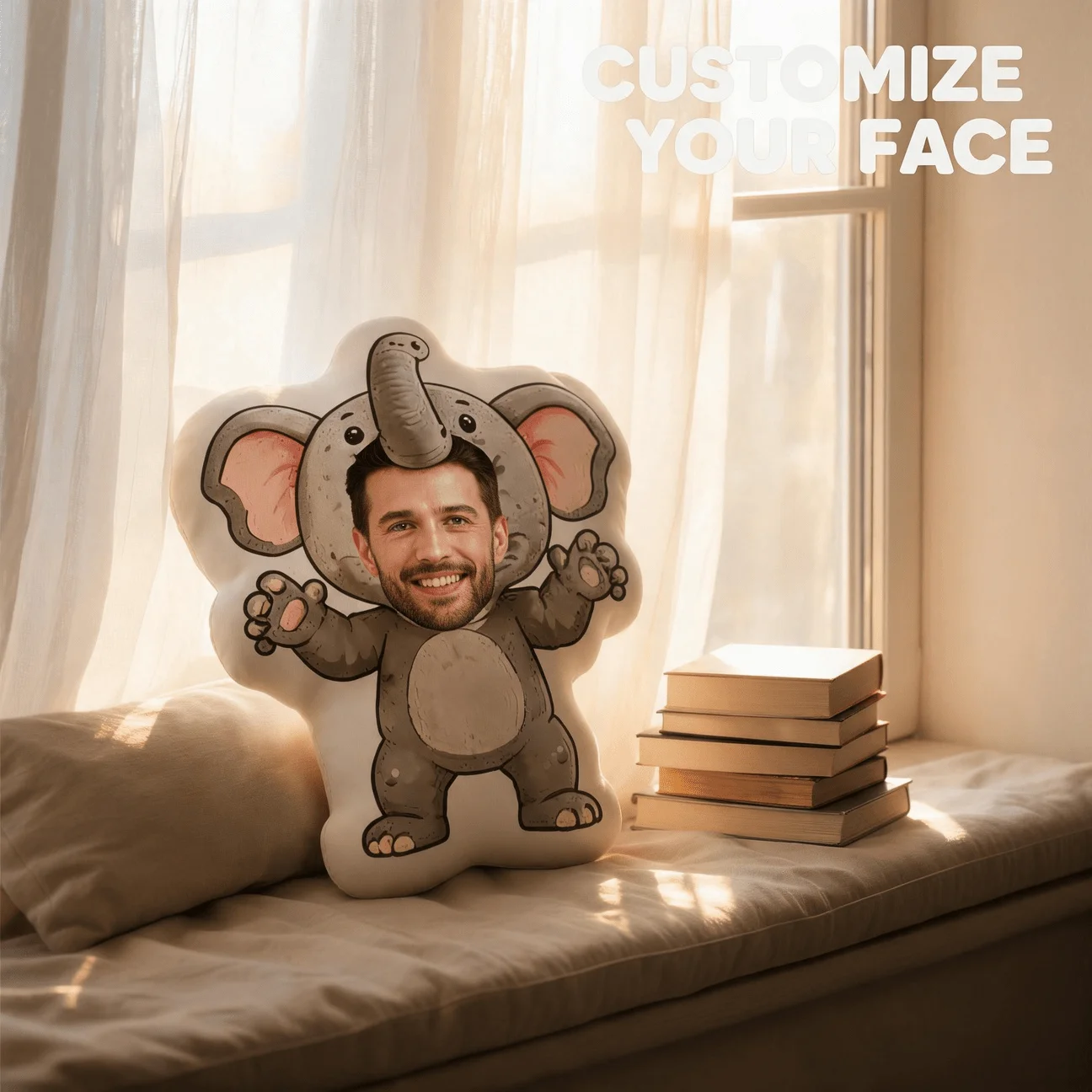 Custom Photo Elephant Costume Shaped Pillow, Personalized Picture Decorative Cushion with Funny Face, Unique Home Decor Accent f