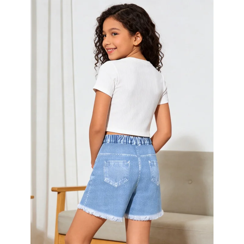 2026Children's fresh floral fringe light blue faux denim shorts