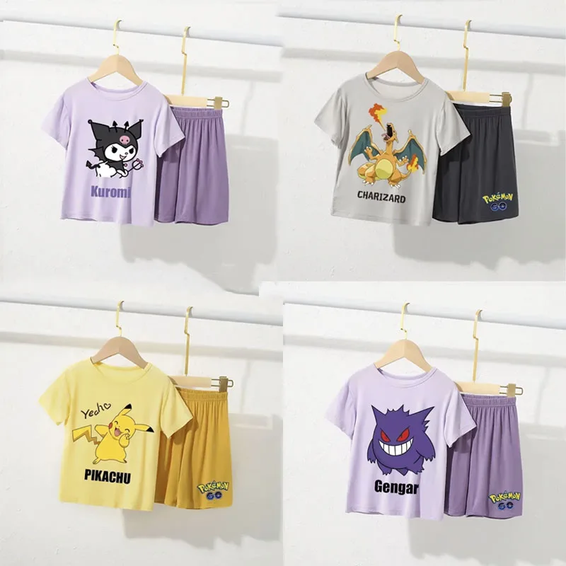 Pokemon Charizard ronflex Charmander Gengar Pikachu Parent-enfant maison vĂȘtements ensemble Modal enfants mince Ă manches courtes pyjama dĂ©contractĂ©