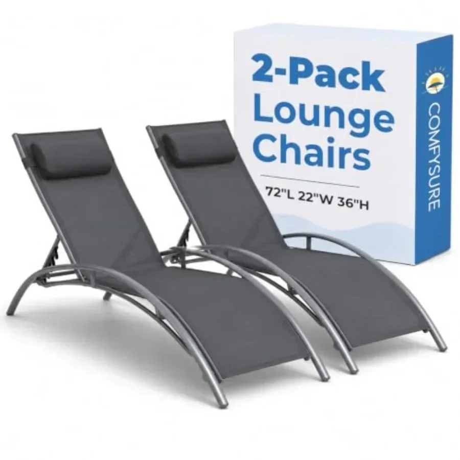 Aluminum Lounge Chairs Set of 2 for outdoor use, silver-gray Textilene fabric, UV-resistant with 4-position reclining, headrest