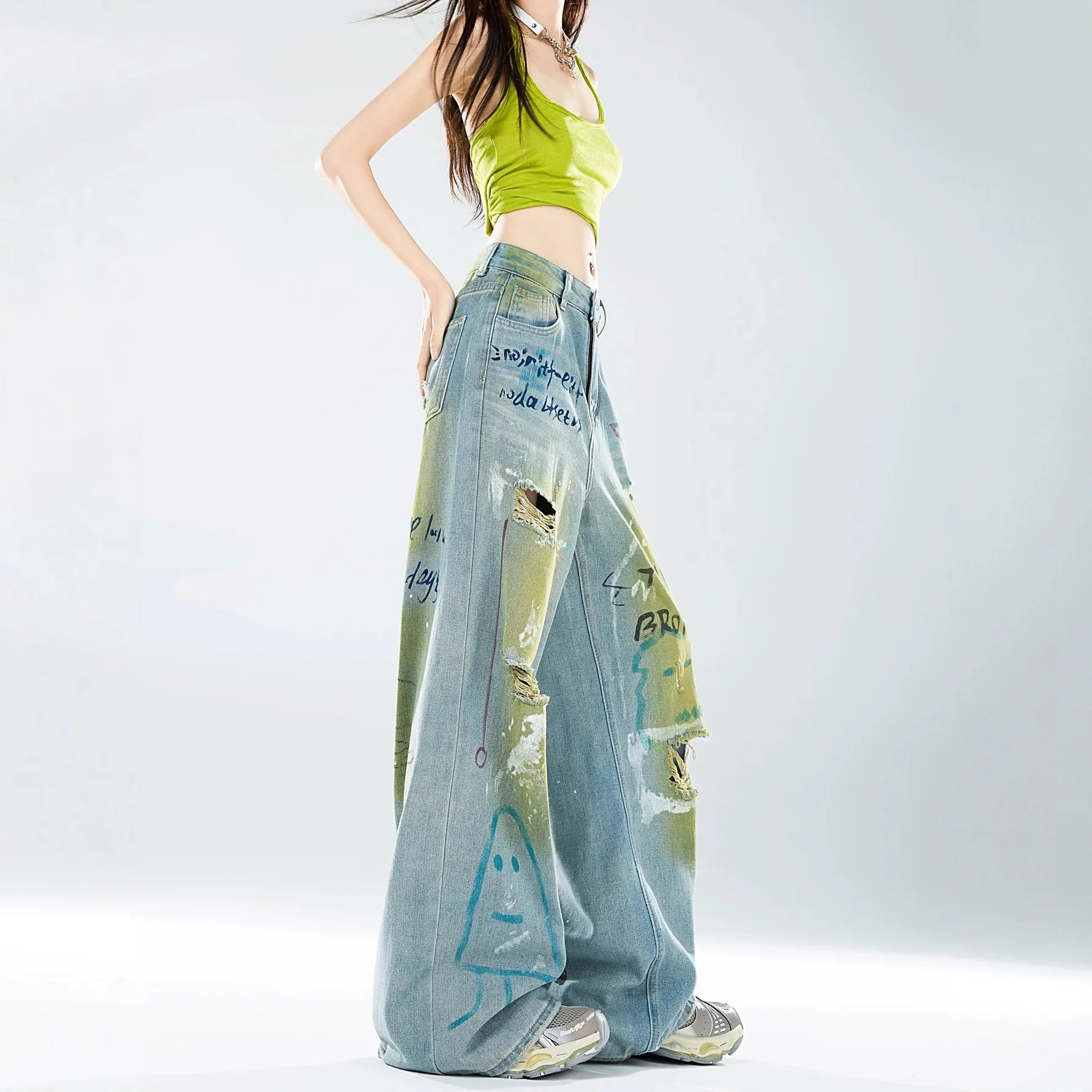 2026 Summer New Dopamine Graffiti Ripped Jeans For Women American Vintage Baggy Wide Leg Pants 3