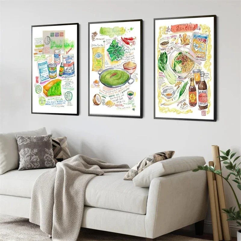 المطبخ الياباني الكوري وصفة فنية ، تزيين المطبخ ، لوحة ألوان مائية ، فن الطبخ الجداري ، ملصق جماليات ، وصفة آسيوية #2