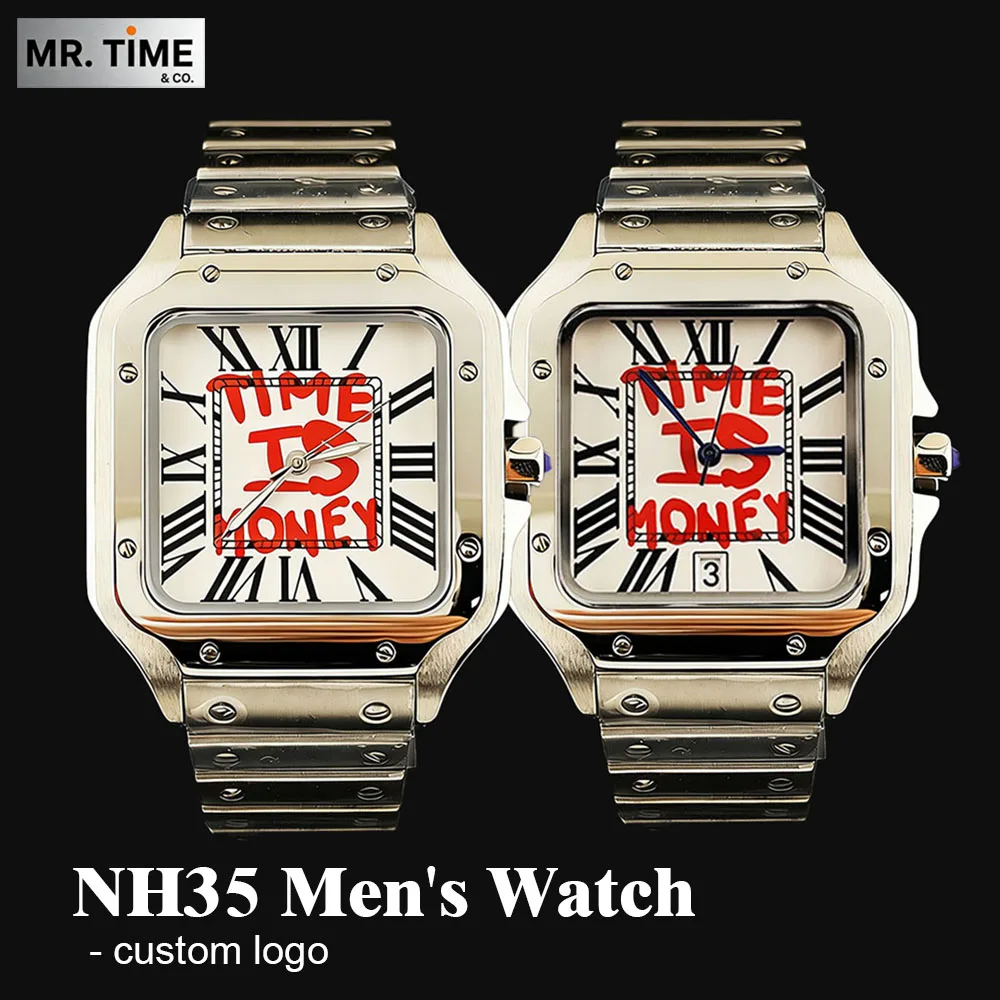 

Часы NH35 Time is Money, серебристые/черные квадратные мужские часы, высококачественные часы из нержавеющей стали, с возможностью нанесения логотипа, подходят для часов NH35.