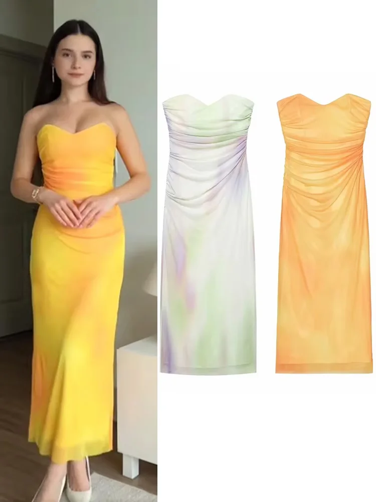 HH Woman's Summer Holiday Style Slim Chic Sleeveless Dress Printed Tulle Sexy Strapless Dresses Female Fashion Long Dress
