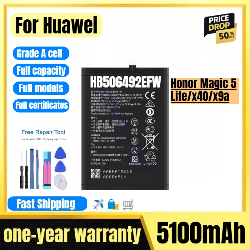 

HB506492EFW for Huawei Honor Magic 5 Lite/x40/x9a Phone Battery 0 Cycle High Quality High Capacity Replacement Bateria with Tool